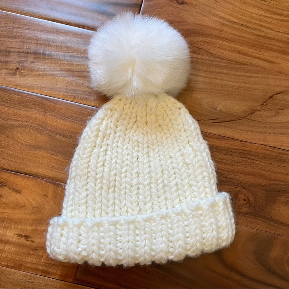 Free People Off White Knitted Pom Pom Beanie Hat